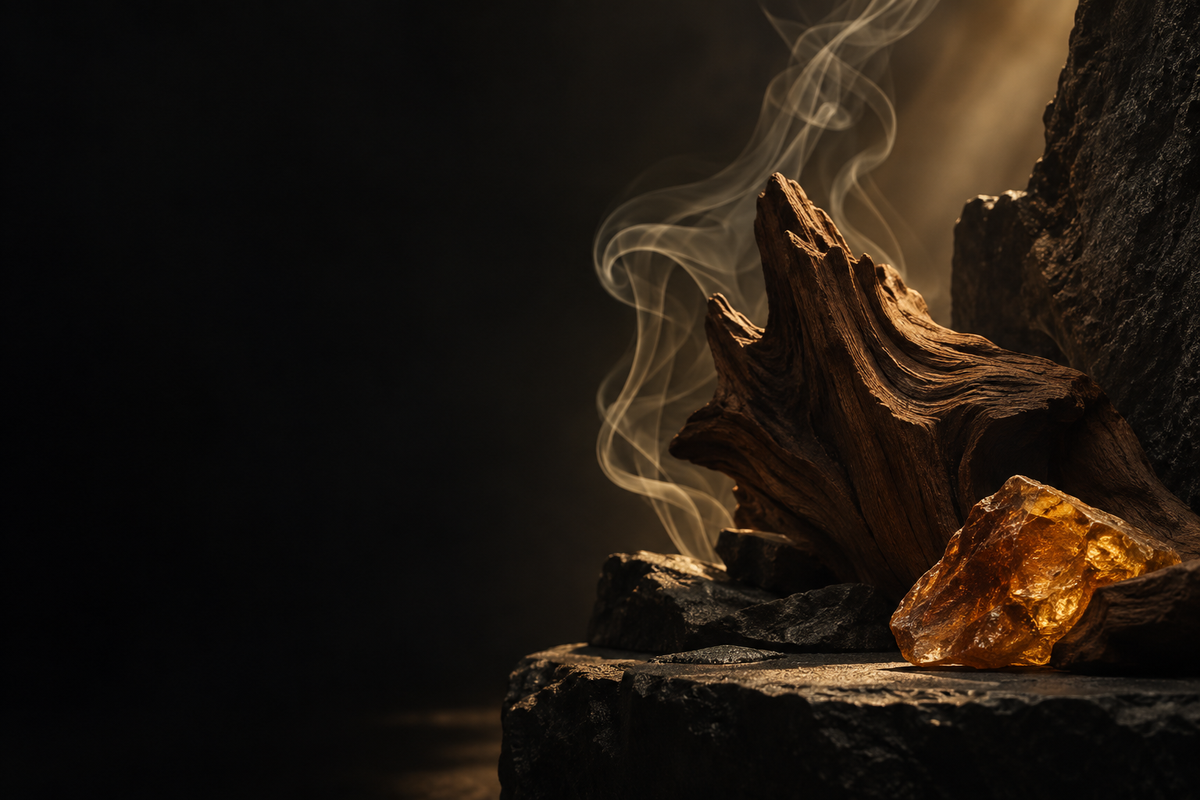 Dark wood and amber in warm light