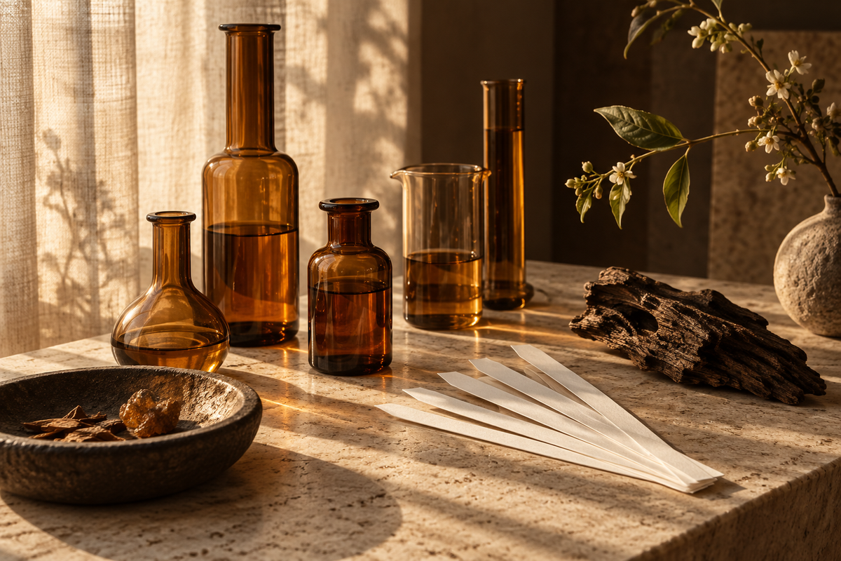 Amber glass and fragrance blotters